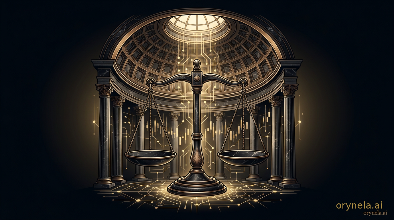 Rotonde néoclassique inspirée du Sénat américain mêlant architecture de marbre sombre, réseaux cryptographiques lumineux et balances de régulation en bronze poli