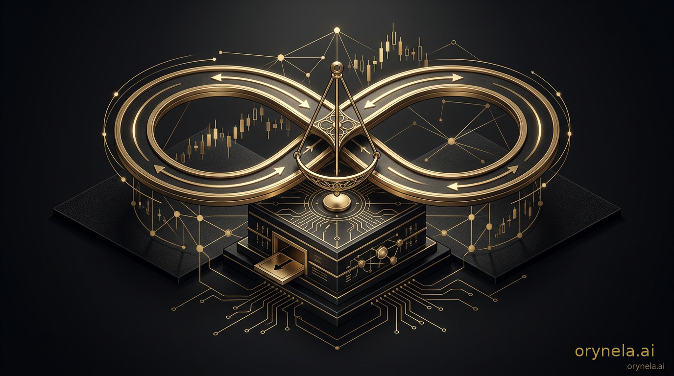 Boucle de négociation perpétuelle en or au-dessus d’un parquet d’obsidienne, équilibrée par un pendule de financement et reliée à un coffre de collatéral