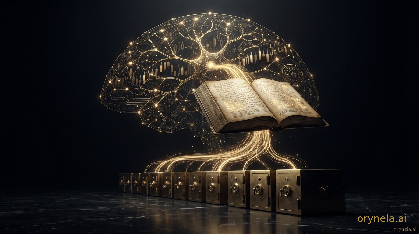 Voûte de réseau neuronal doré au-dessus du hall de marbre noir d'une banque, puisant des flux de données lumineux dans des coffres-forts dorés scellés et les inscrivant dans un grand registre antique annoté