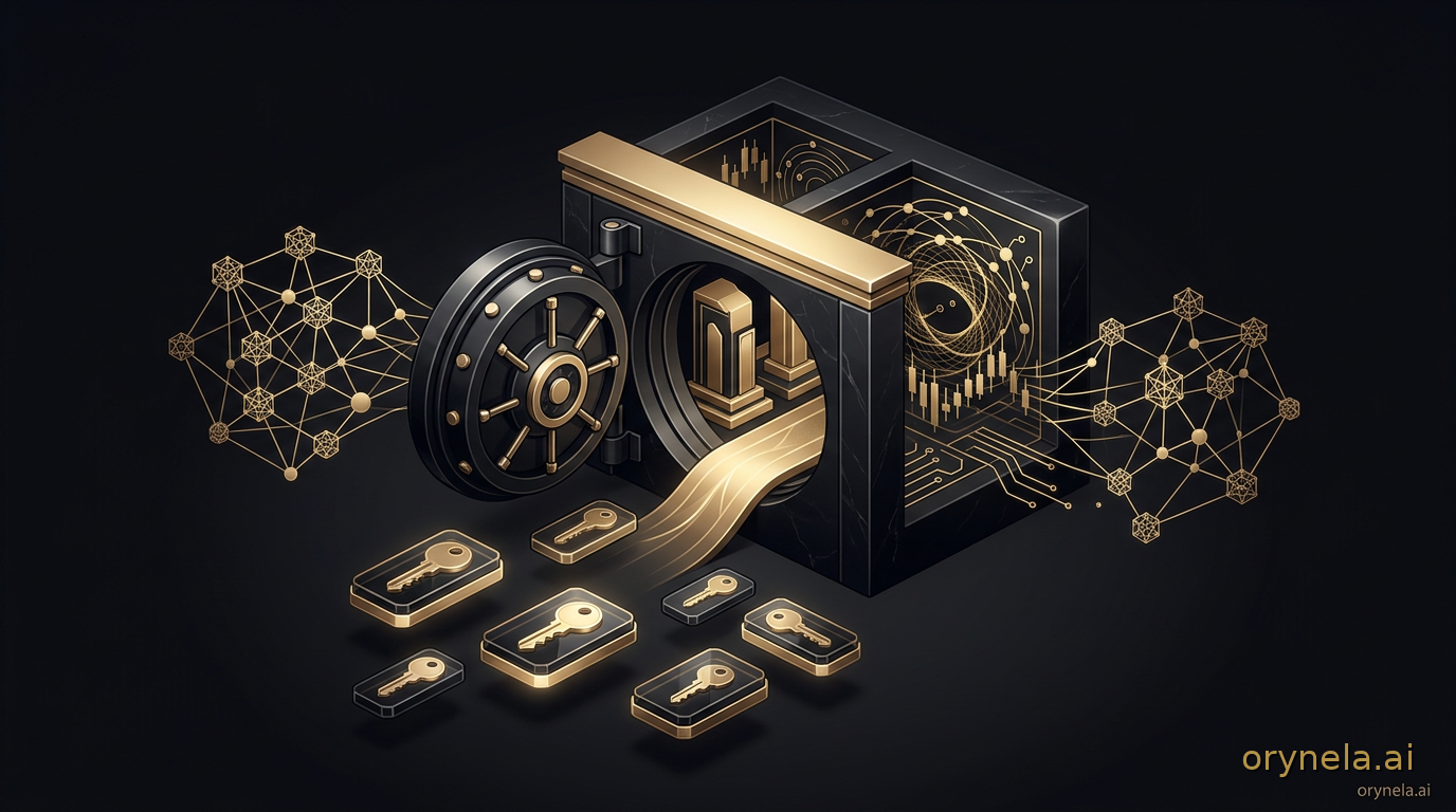 Chambre forte bancaire en obsidienne protégeant des clés cryptographiques, reliée à deux réseaux blockchain dorés et séparant stockage chaud et stockage froid