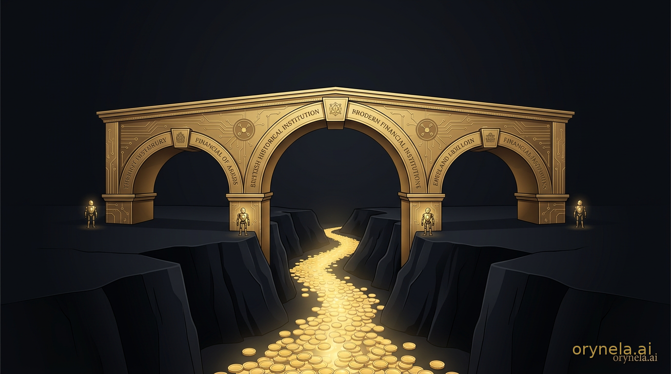 Pont-arche doré monumental enjambant un canyon d'obsidienne, ses clefs de voûte gravées aux noms d'institutions financières, une rivière de pièces d'or lumineuses s'écoulant en dessous, gardé par d'infimes sentinelles mécaniques