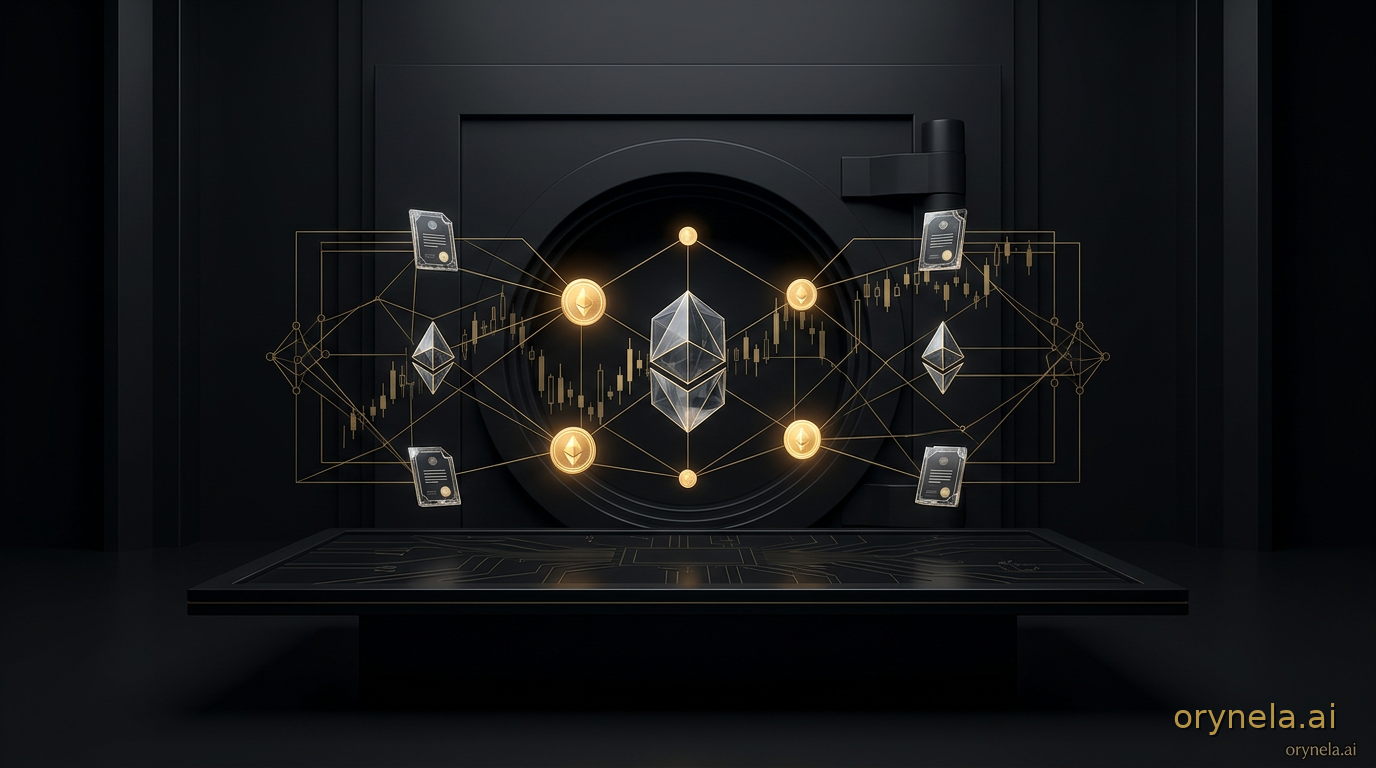 Illustration éditoriale sombre et premium : une chambre forte financière où flottent des certificats de dette souveraine tokenisés en cristal et des jetons dorés, reliés par de fins réseaux de circuits or antique au-dessus d'un registre d'obsidienne — mét