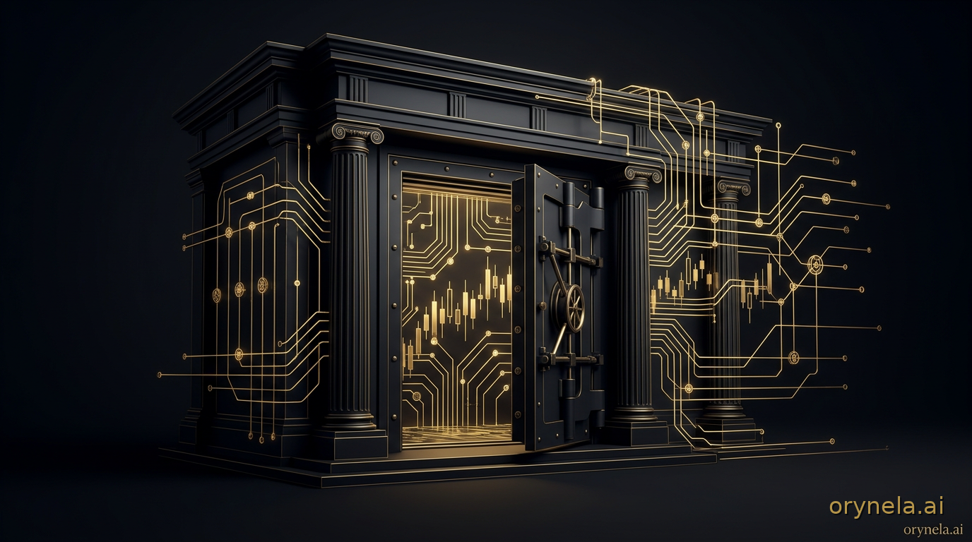 Illustration éditoriale sombre et premium : une entrée monumentale de coffre-fort bancaire en obsidienne s'interconnectant à un registre cryptographique chiffré, traversée par des flux de conformité et des nœuds de vérification or antique sous un éclairag