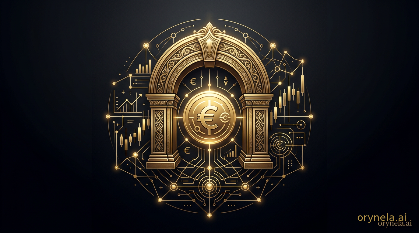 Illustration sombre luxe premium d'un cadre institutionnel européen supervisant des stablecoins et des CASP, avec un logo or antique orynela.ai en bas à droite