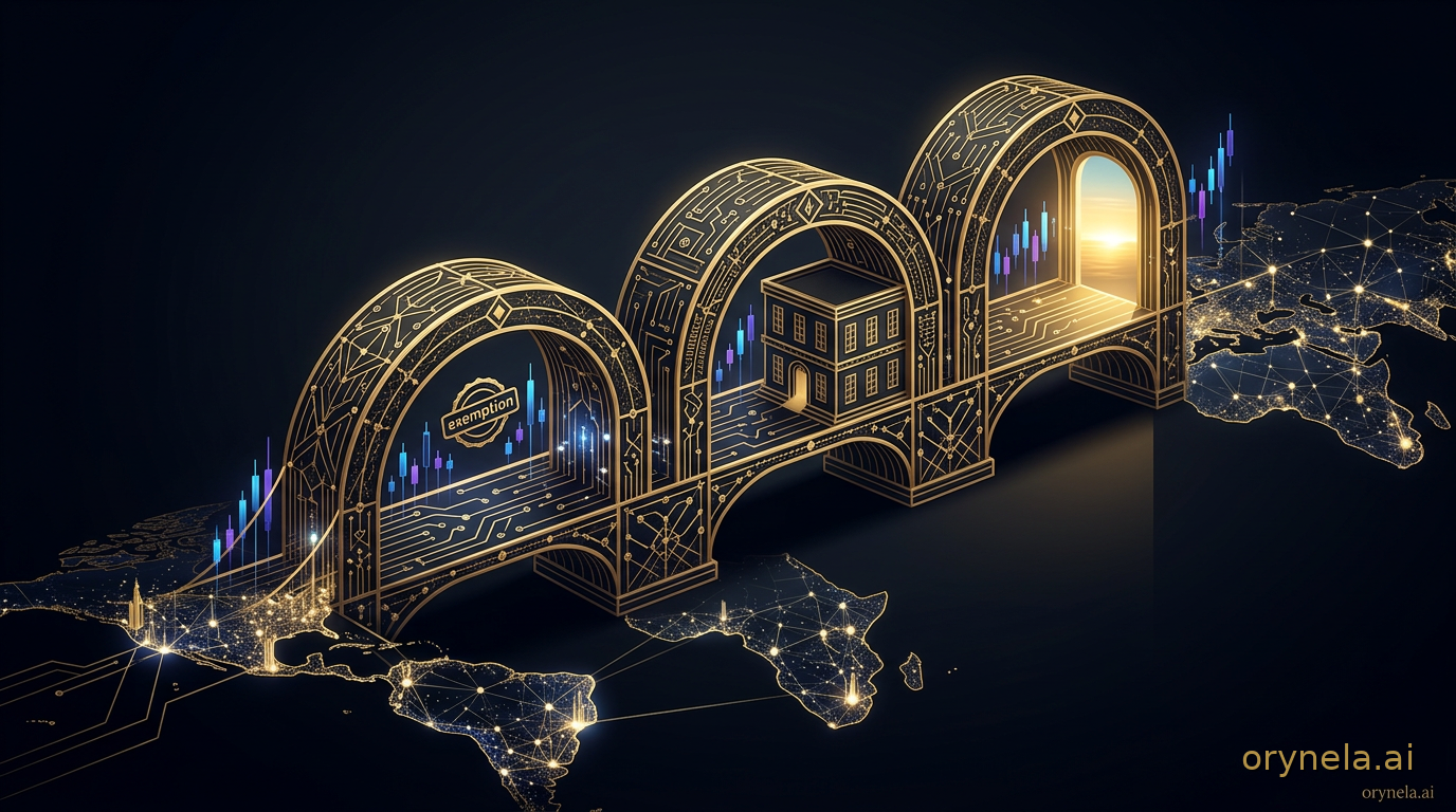 Illustration sombre luxe premium représentant un pont réglementaire en trois arches dorées reliant deux continents, avec marquage antique-or orynela.ai en bas à droite.
