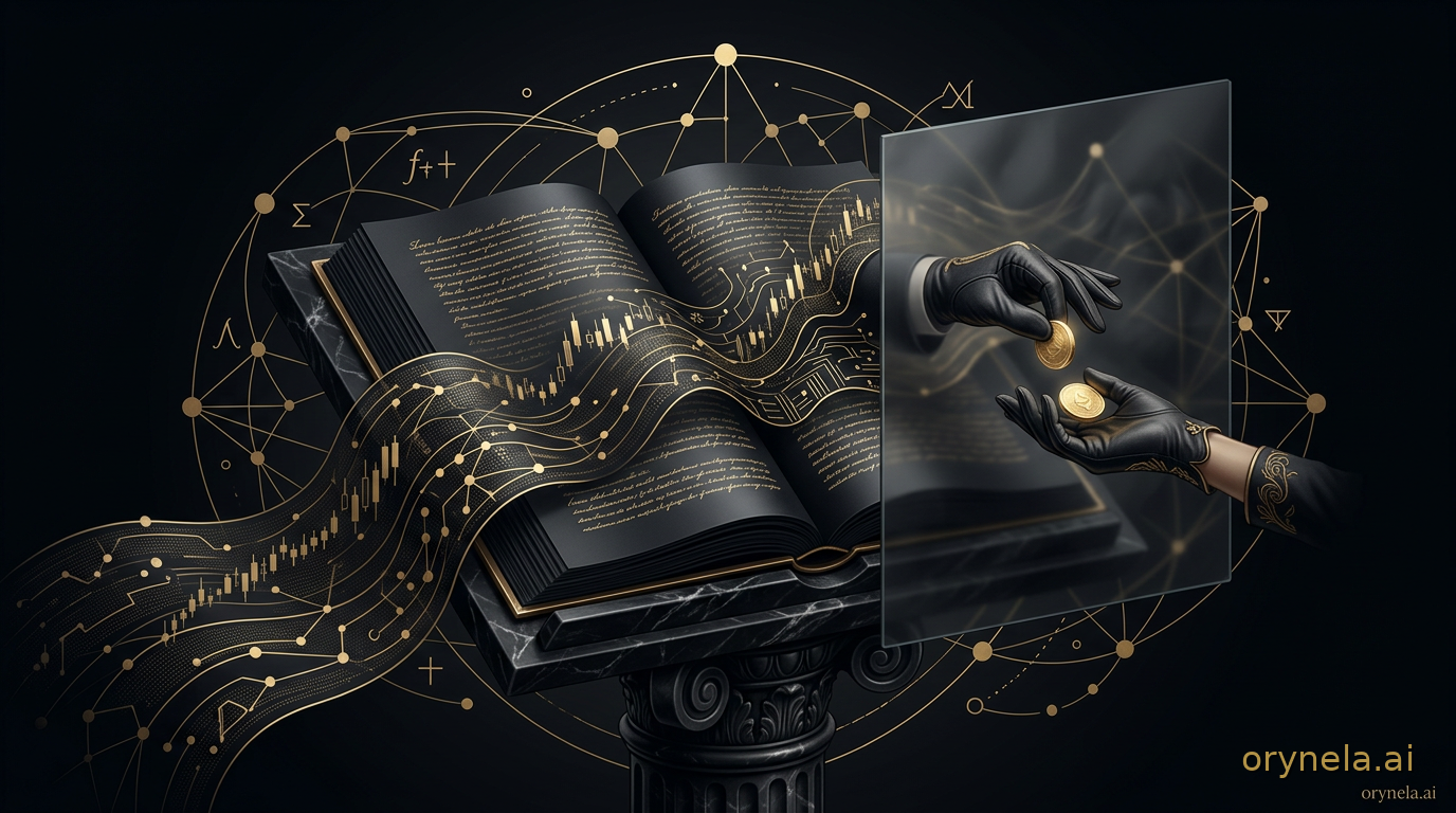 Un grand livre de registre en obsidienne dont les lignes d'écriture se changent en rubans de données chiffrées illisibles, un voile de verre fumé masquant des jetons dorés échangés entre deux mains gantées, avec filigrane antique-or orynela.ai en bas à dr