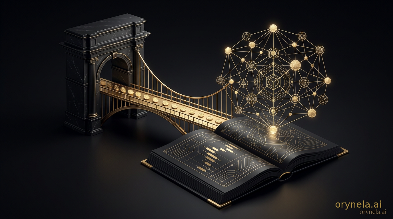 Un pont doré élégant reliant une arche bancaire classique en marbre noir à un réseau de nœuds lumineux au-dessus d'un livre-registre d'obsidienne ouvert, des jetons dorés voyageant le long du pont, symbolisant les dépôts tokenisés transférés vers l'infras