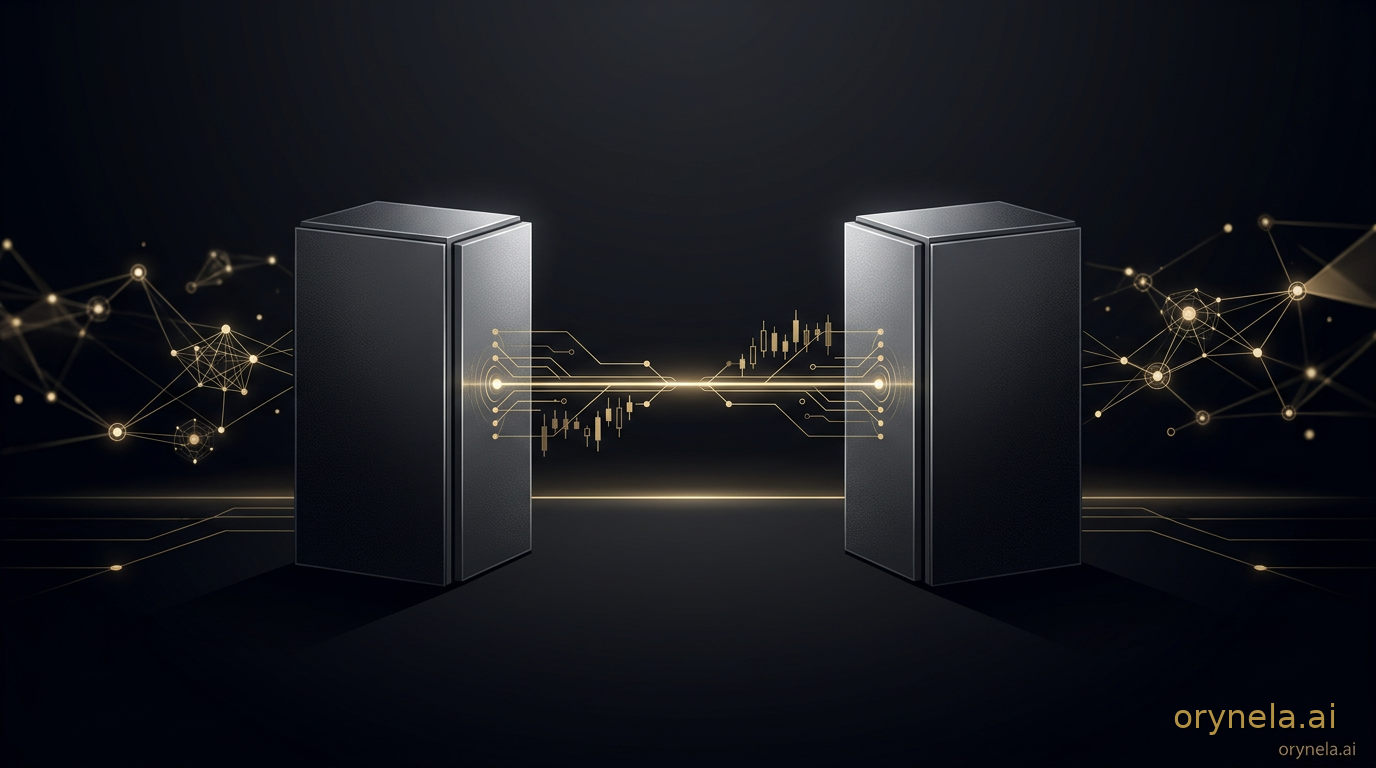 Deux monolithes numériques reliés par un pont lumineux doré, symbolisant le canal bilatéral américano-chinois sur les incidents liés à l’intelligence artificielle.