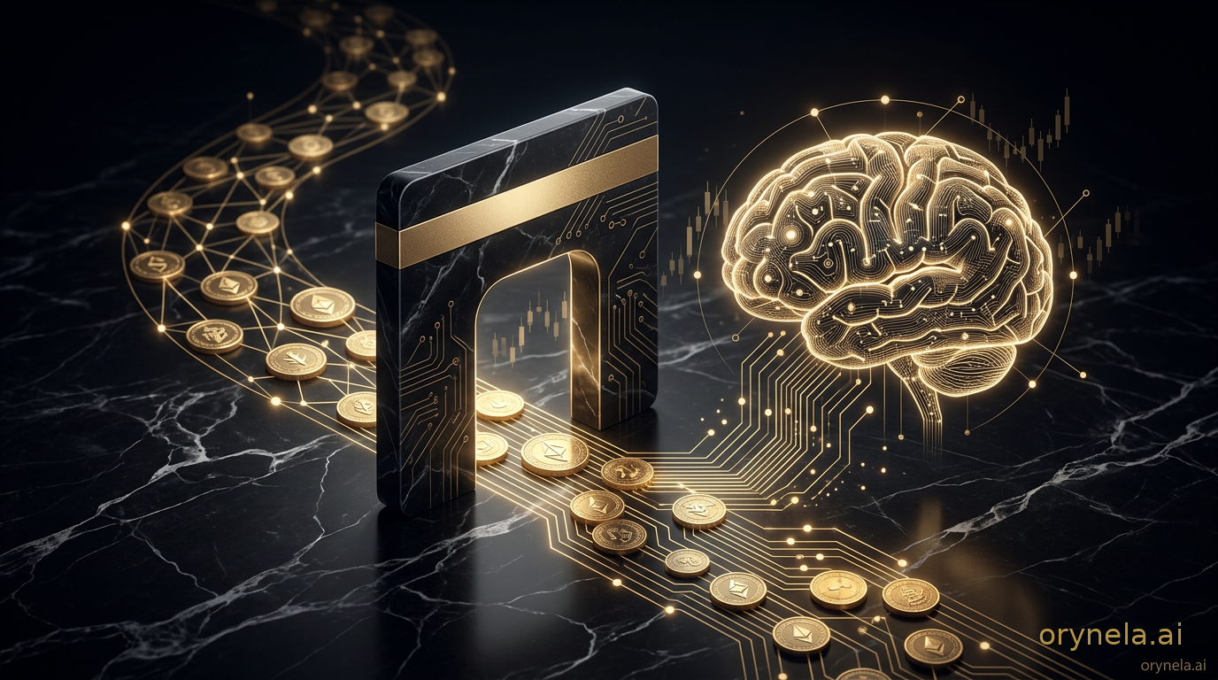 Flux de pièces dorées s'écoulant d'une carte bancaire sombre vers un cerveau holographique en circuits dorés, illustrant le financement discret de l'accès aux modèles d'intelligence artificielle par les rails de paiement crypto