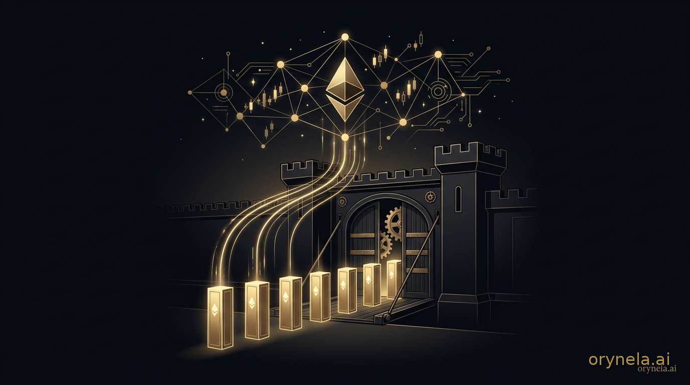 Une file de monolithes-validateurs dorés quittant par un pont-levis une forteresse d'obsidienne pour rejoindre une constellation Ethereum lumineuse, tandis que des engrenages de sécurité dorés referment les portes, illustrant la sortie précautionnelle des