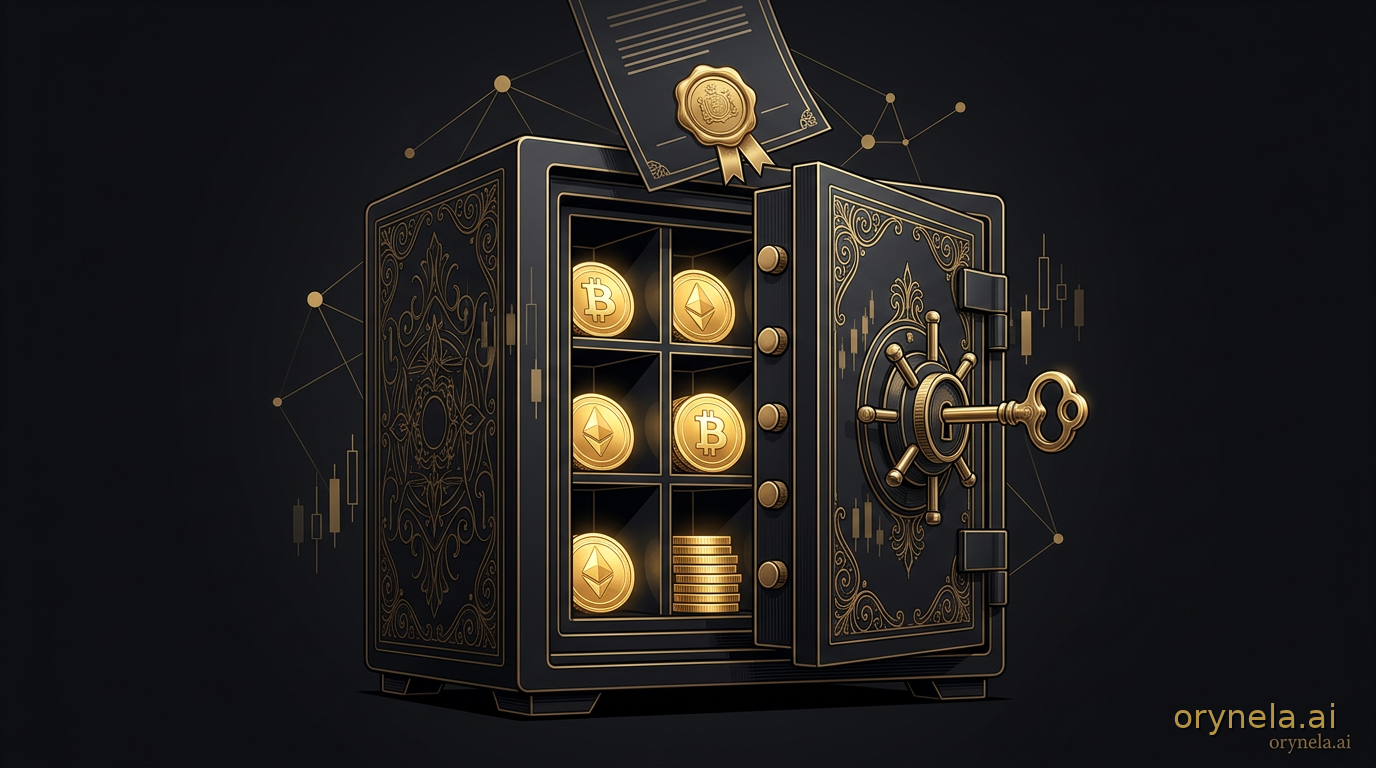 Un coffre-fort monumental en obsidienne aux filigranes d'or, sa porte entrouverte sur des compartiments cloisonnés abritant des pièces numériques dorées, une clé d'or massé dans la serrure et un document scellé d'un cachet de cire, illustrant un nouveau c