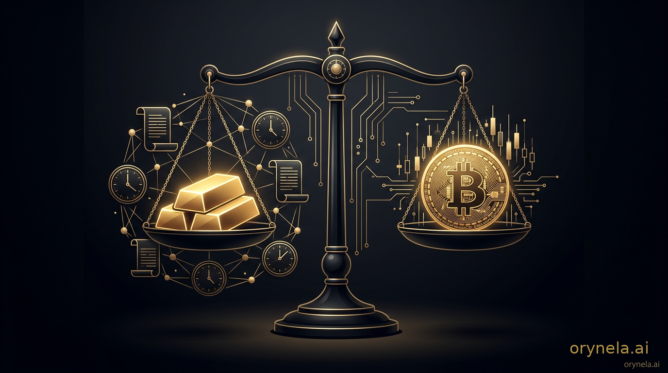 Illustration d'une balance dorée comparant trois lingots empilés en pyramide et une pièce de bitcoin lumineuse, entourée de contrats à terme et d'horloges, sur fond obsidienne — métaphore des ETP à levier quotidien 3x