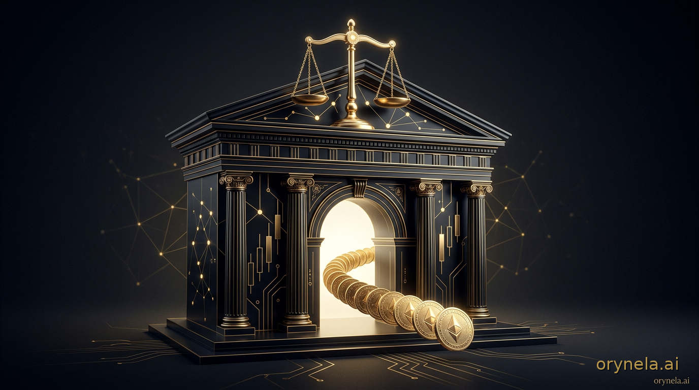 Un portique néoclassique monumental en obsidienne surmonté d'une balance dorée, une file de pièces d'or franchissant son arche lumineuse pendant qu'un chemin secondaire reste dans la pénombre — métaphore du nouveau cadre fédéral CFTC pour les transactions