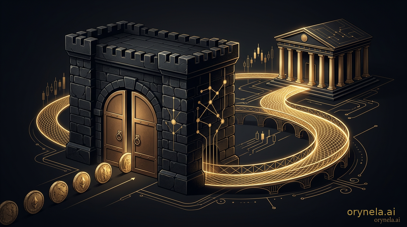 Une forteresse bancaire d'obsidienne referme ses portes de bronze sur une file de pièces d'or pendant qu'un pont lumineux contourne l'édifice vers un temple régulé aux colonnes dorées en arrière-plan — métaphore du refus MiCA de la BaFin opposé à Bitcoin.