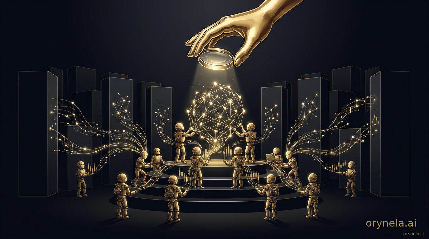 Une salle de recherche monumentale en obsidienne où une flotte de petites bibliothécaires dorées et lumineuses assemblent, par étages, une vaste constellation de flux de données de marché provenant de monolithes sombres, tandis qu'une main humaine d'or po