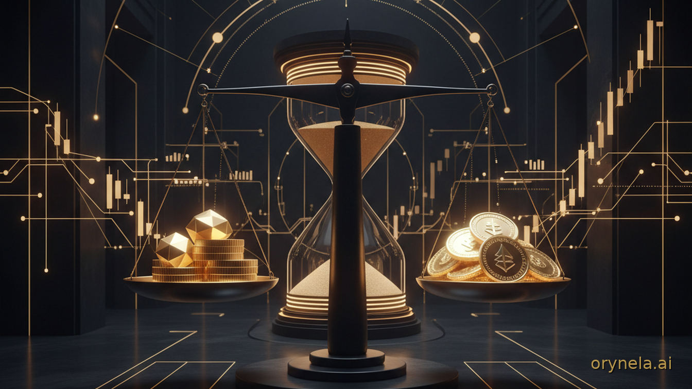 Une balance monumentale en obsidienne et or pesant des jetons de cryptomonnaie face à des sceaux monétaires dorés, flanquée d’un sablier aux dix crans d’or symbolisant le report des moins-values — métaphore des amendements fiscaux crypto du PLF 2027 à l’A