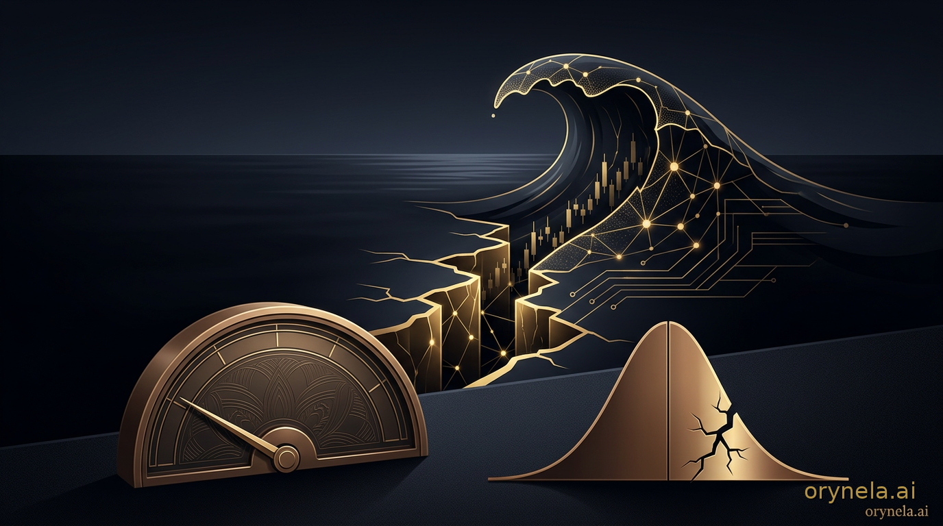 Une mer d’obsidienne calme traversée par une faille dorée et une vague soudaine, devant un cadran de faible volatilité et une courbe en cloche fissurée, métaphore du risque extrême du bitcoin.