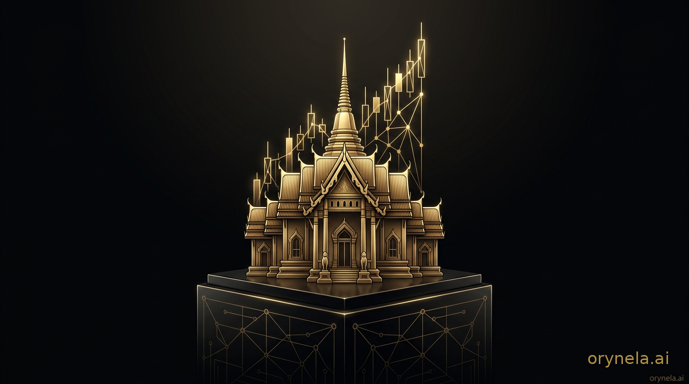 Illustration éditoriale : une pagode dorée dont les toits se muent en chandeliers financiers ascendants sur un socle de réseau lumineux, métaphore des ETF crypto réglementés cotés sur la Bourse de Thaïlande.