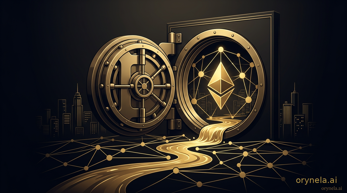 Porte de coffre-fort bancaire s'ouvrant sur un réseau Ethereum lumineux doré au-dessus d'une ville la nuit : les dépôts institutionnels migrent vers la blockchain publique