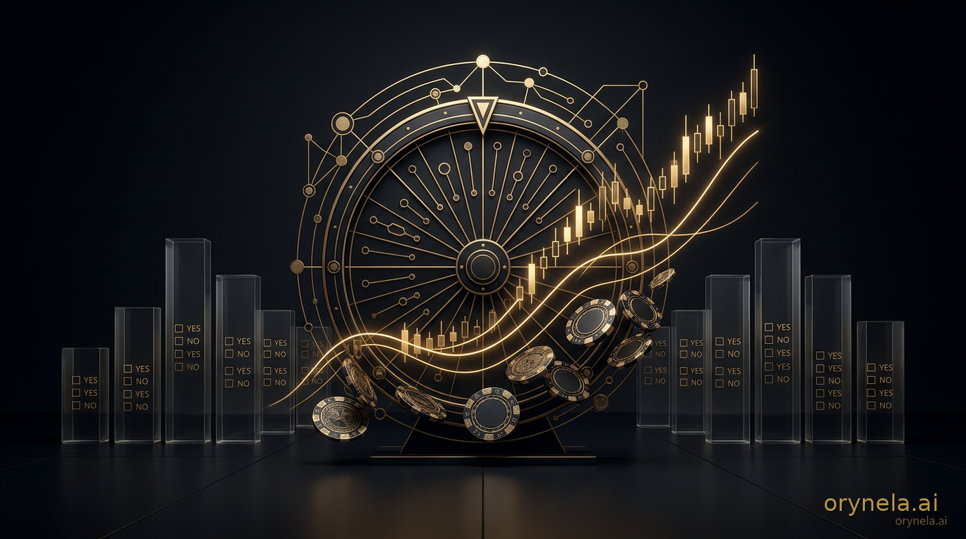 Roue de la fortune et jetons se transformant en courbes de marché lumineuses au-dessus d'une salle des marchés sombre, symbolisant la convergence entre plateformes crypto et marchés de prédiction