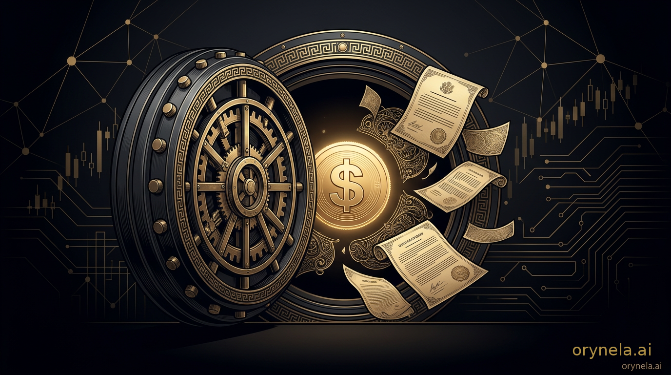 Porte de coffre-fort bancaire néoclassique entrouverte sur une pièce numérique dorée frappée du symbole dollar, entourée de documents réglementaires gravés — métaphore de l'entrée des stablecoins dans le cadre bancaire fédéral américain