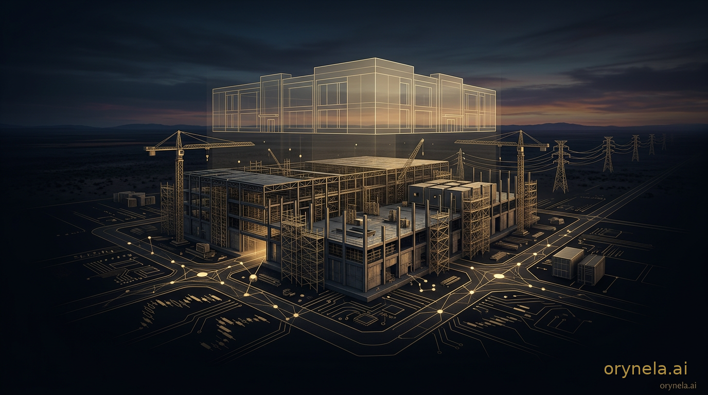 Chantier de data center futuriste au crépuscule au Texas, avec la silhouette spectrale d'un bâtiment fantôme symbolisant les projets IA jamais construits