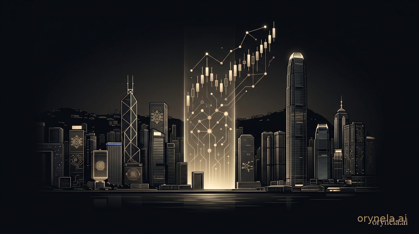 Tableau d'indices boursiers lumineux dans le port de Hong Kong la nuit, circuits dorés formant un graphique d'indice thématique IA et semi-conducteurs