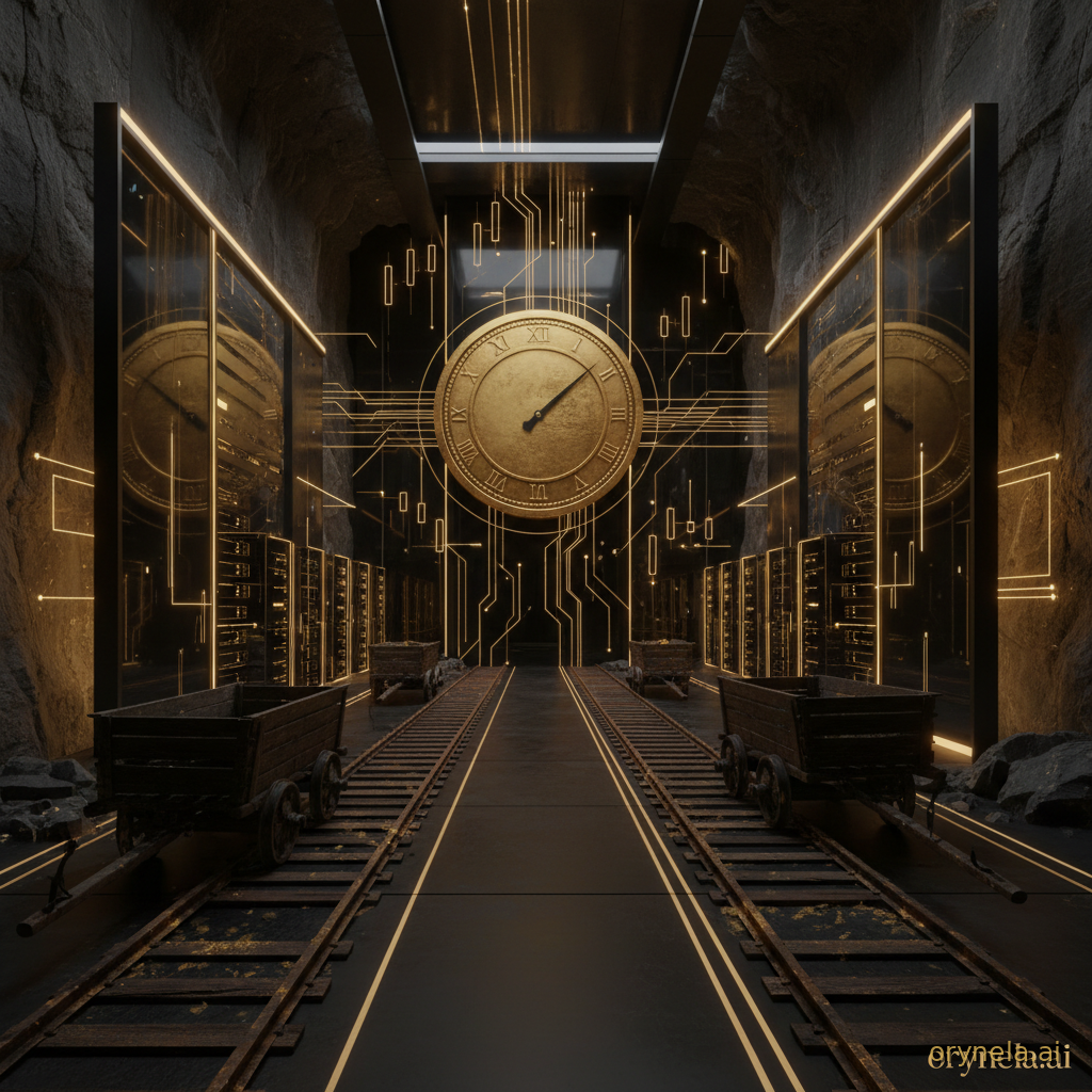 Ancienne galerie de mine d'or se transformant en hall de serveurs d'intelligence artificielle, chariots de mine abandonnés au premier plan, racks dorés et jauge circulaire en forme de pièce indiquant un niveau proche du maximum