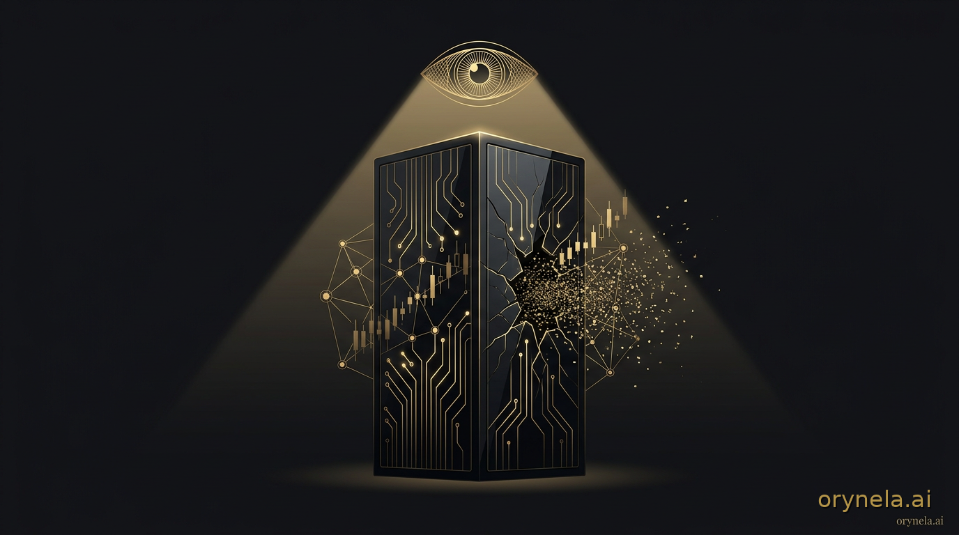 Monolithe-serveur d'obsidienne aux veines de circuits dorés, dont un panneau de verre sombre se fissure sous un flot de particules de données dorées, tandis qu'un œil sentinelle d'IA en filigrane d'or antique scrute la structure — métaphore des vulnérabil
